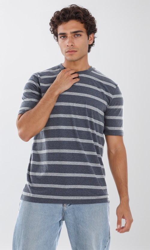 O164005 Striped Round Neck Short Sleeves Heather Navy Blue & Grey T-Shirt