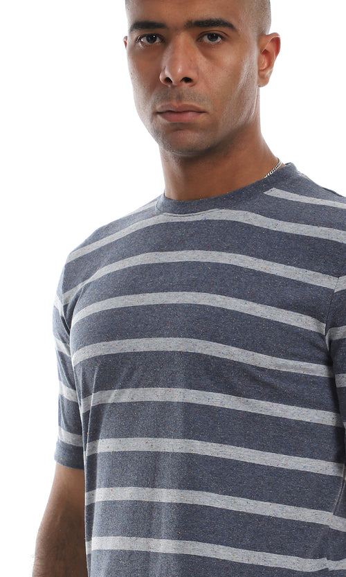 O164005 Striped Round Neck Short Sleeves Heather Navy Blue & Grey T-Shirt