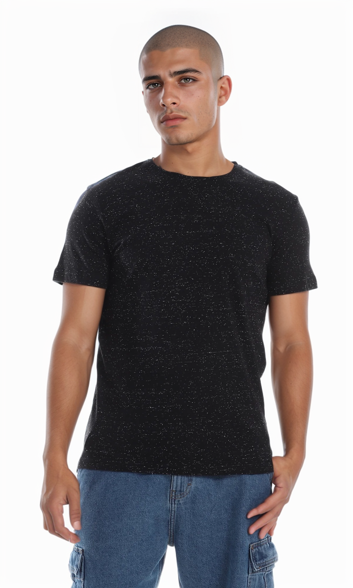 O164013 Round Short Sleeves Basic Heather Black T-Shirt