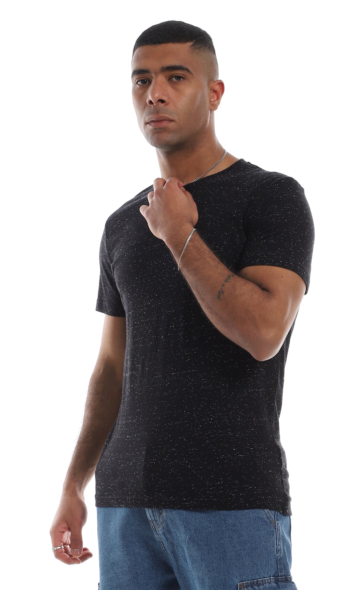 O164013 Round Short Sleeves Basic Heather Black T-Shirt