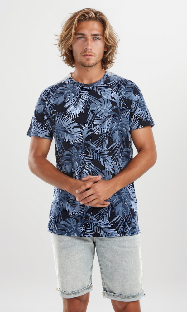 O164745 Navy Blue & Blue Leaves Patterned Tee