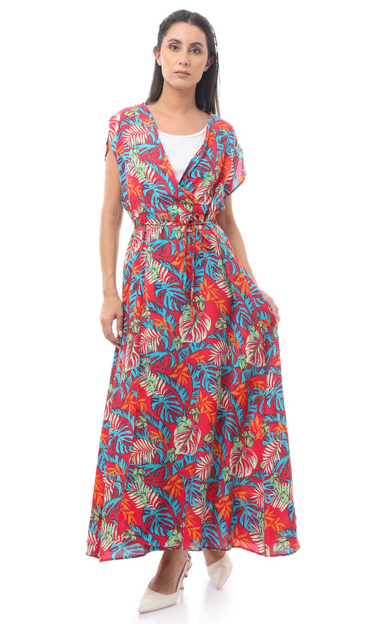 O165286 Red Rayon Floral Slip On Dress