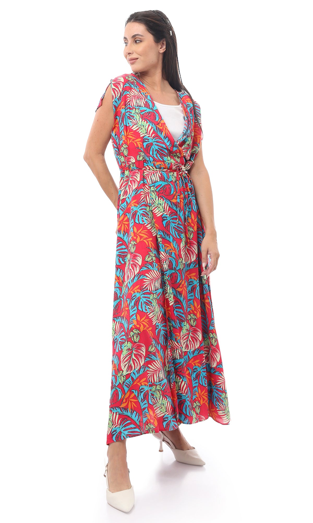 O165286 Red Rayon Floral Slip On Dress