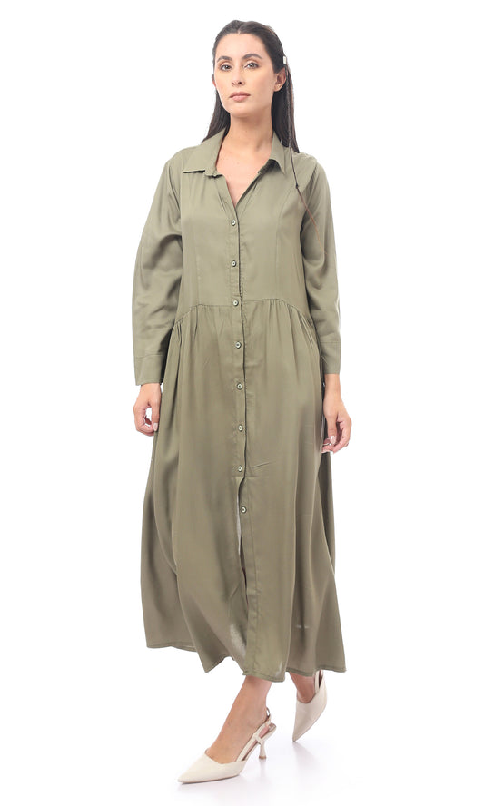 O165304 Olive Buttoned Long Sleeve Dress