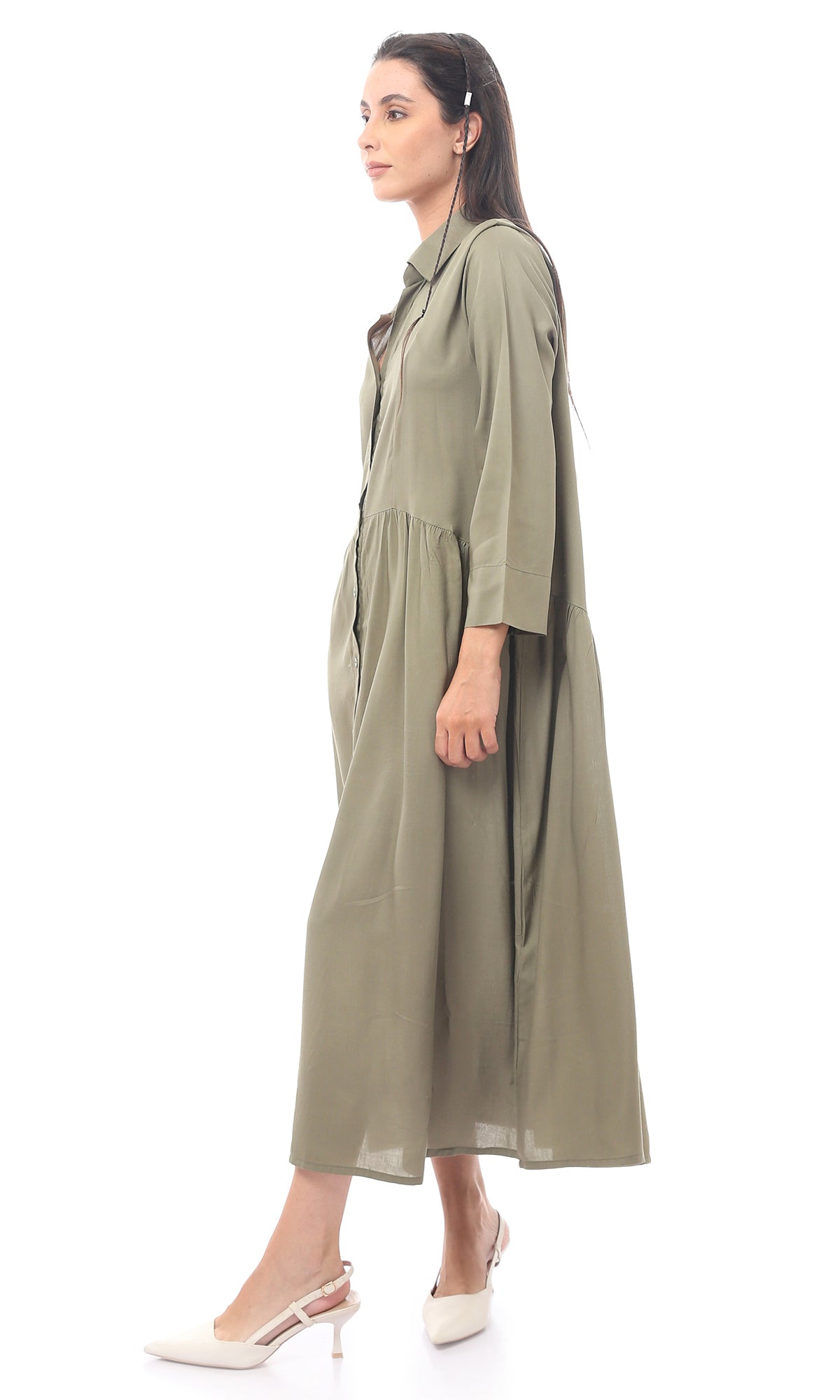 O165304 Olive Buttoned Long Sleeve Dress