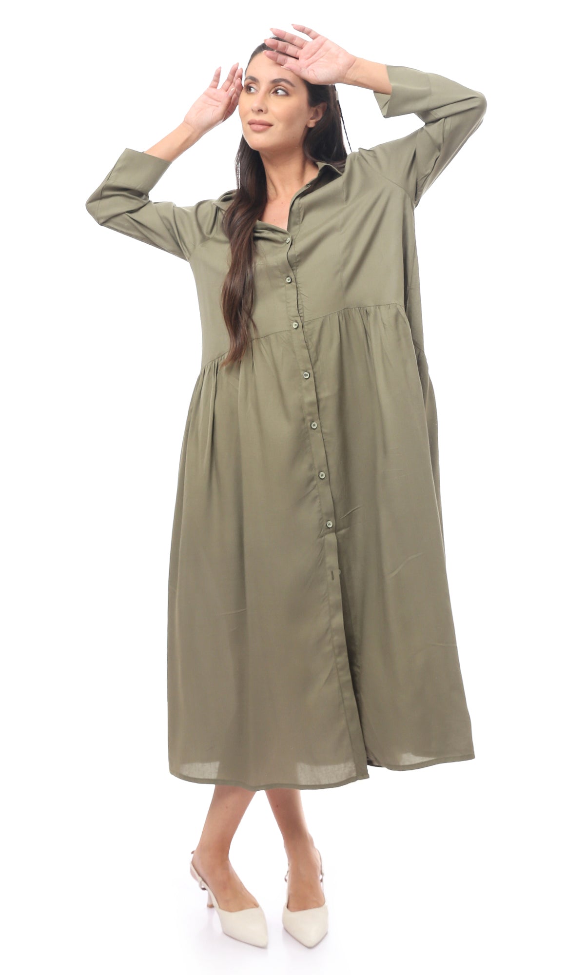 O165304 Olive Buttoned Long Sleeve Dress