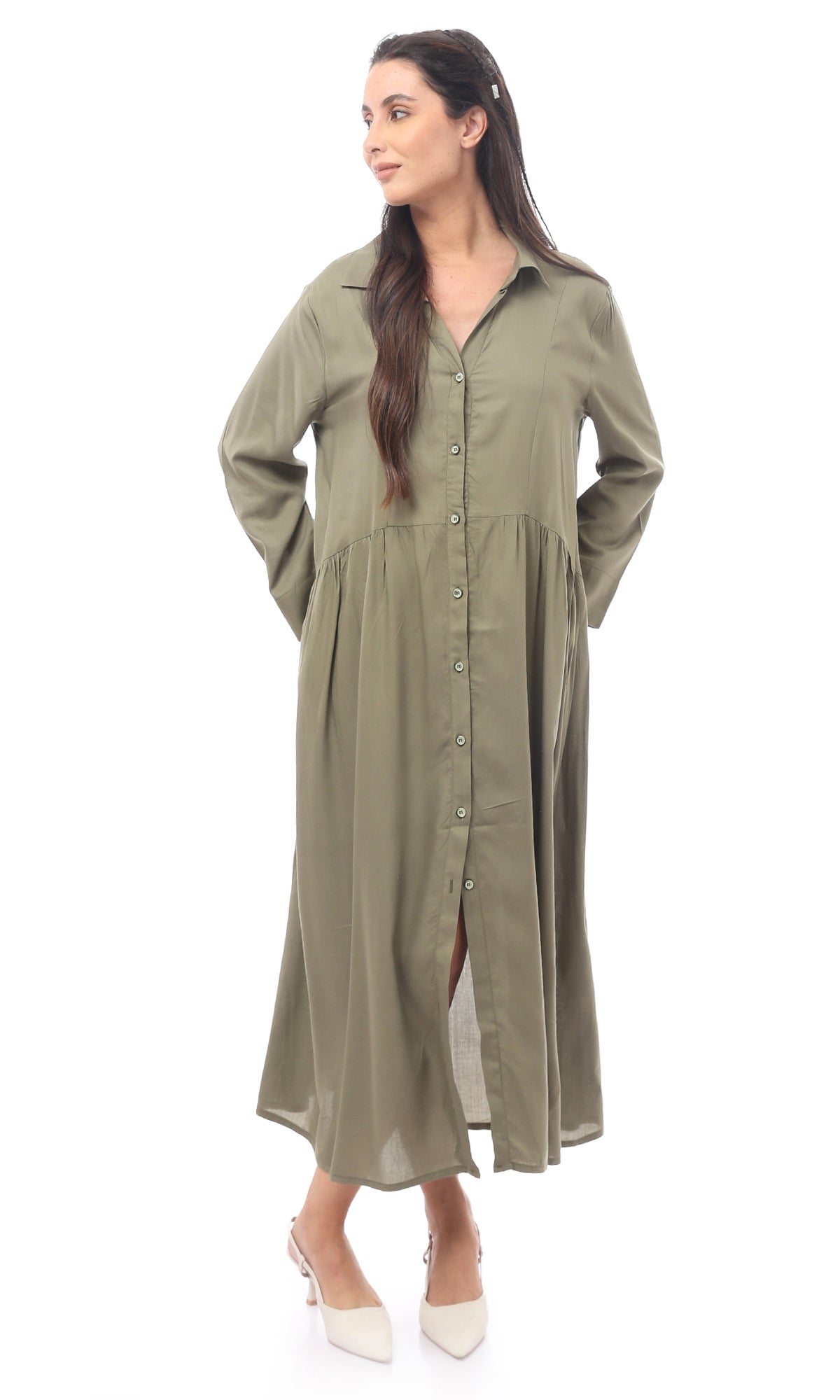 O165304 Olive Buttoned Long Sleeve Dress