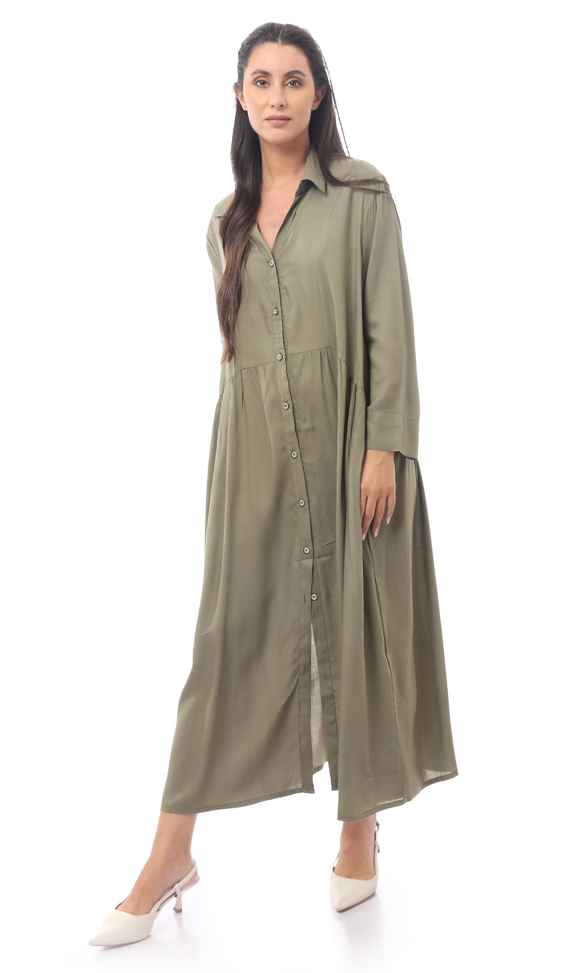 O165304 Olive Buttoned Long Sleeve Dress