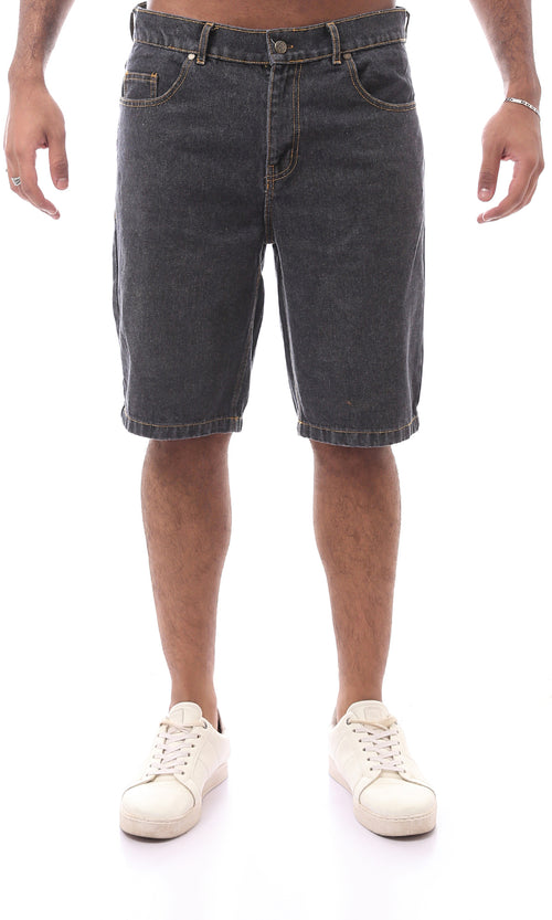 Washed Black Denim Shorts with Contrast Stitching - O165562