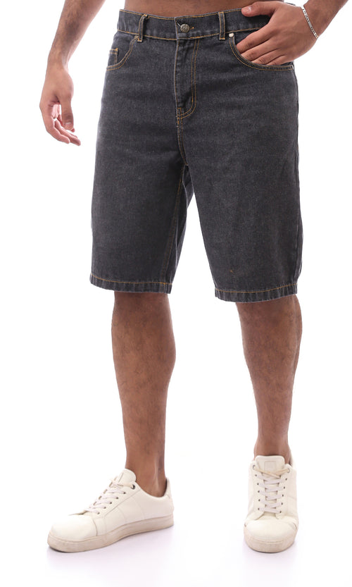 Washed Black Denim Shorts with Contrast Stitching - O165562