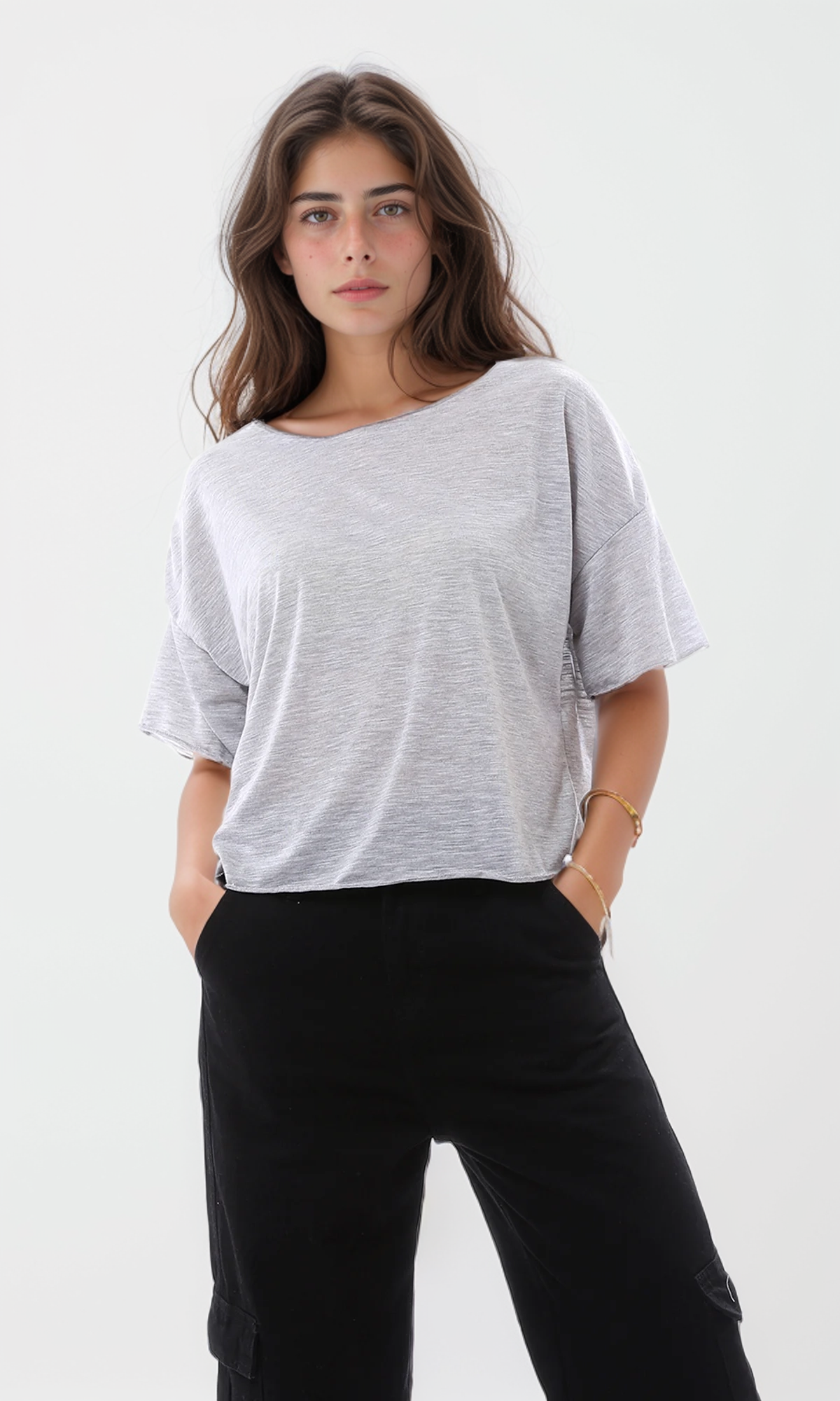 O166326 Wide Neck Loose Heather Grey Lightweight Tee