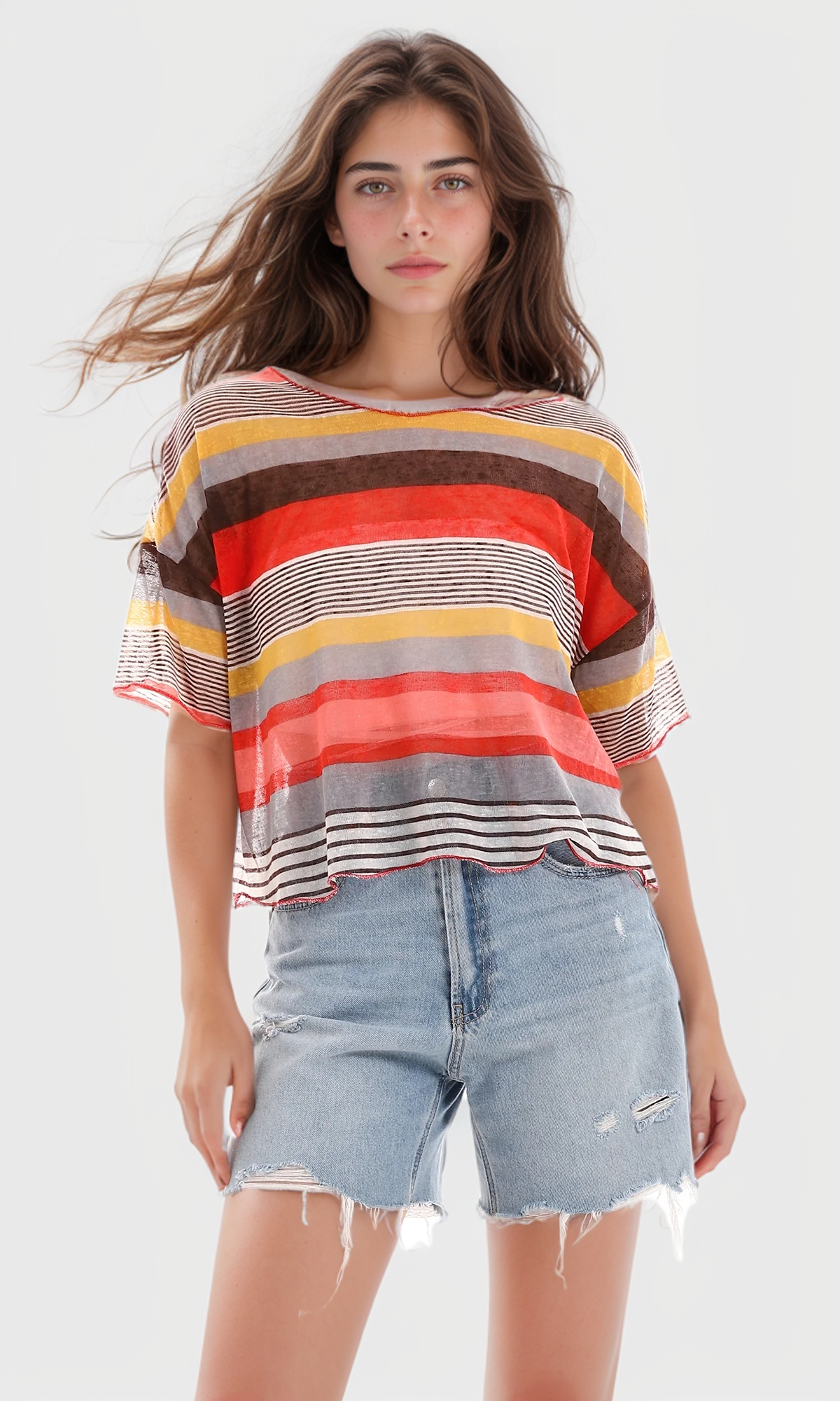 O166328 Multi-Striped Summer Top - Brown, Watermelon & Mustard