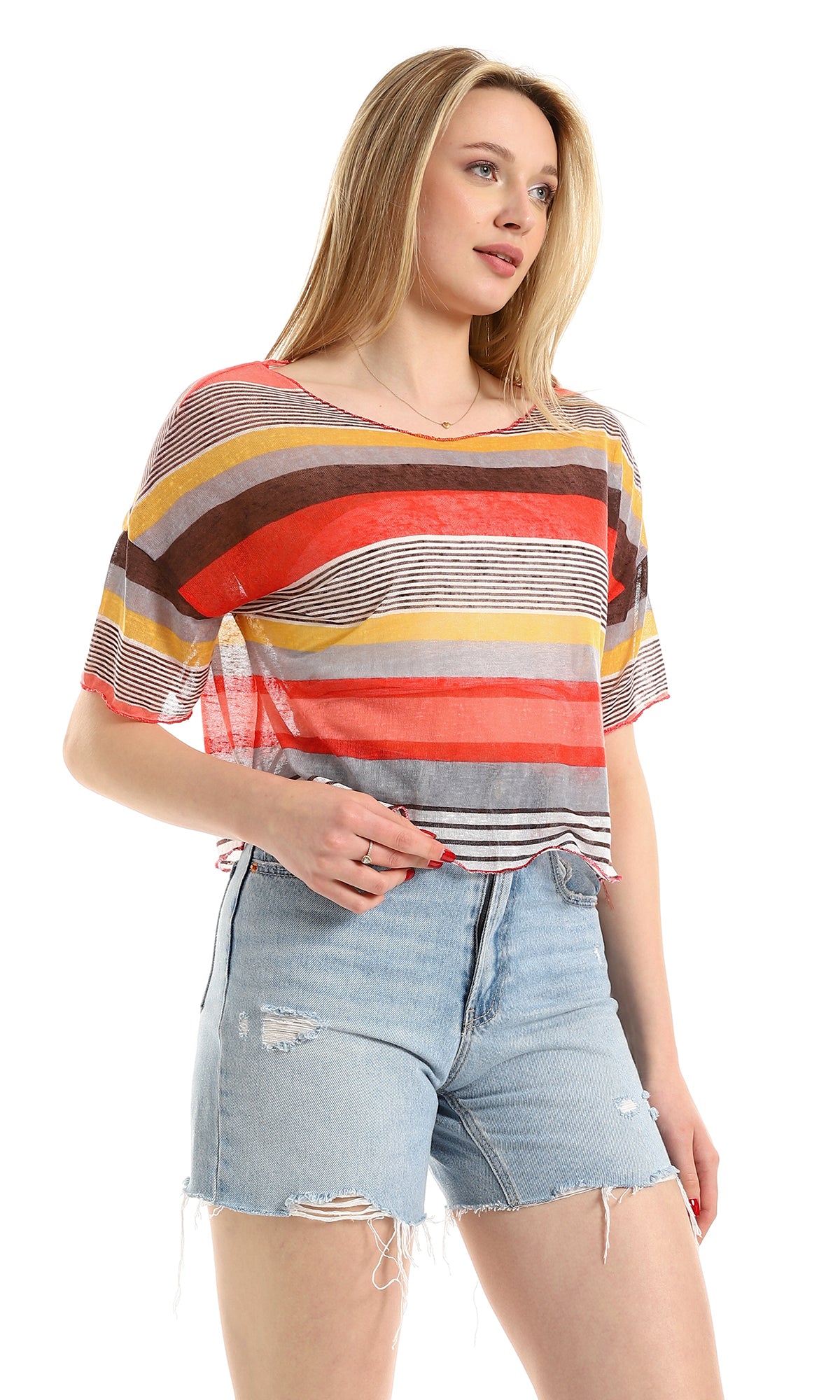 O166328 Multi-Striped Summer Top - Brown, Watermelon & Mustard