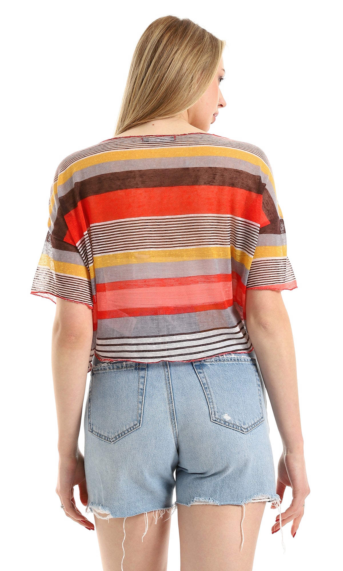 O166328 Multi-Striped Summer Top - Brown, Watermelon & Mustard