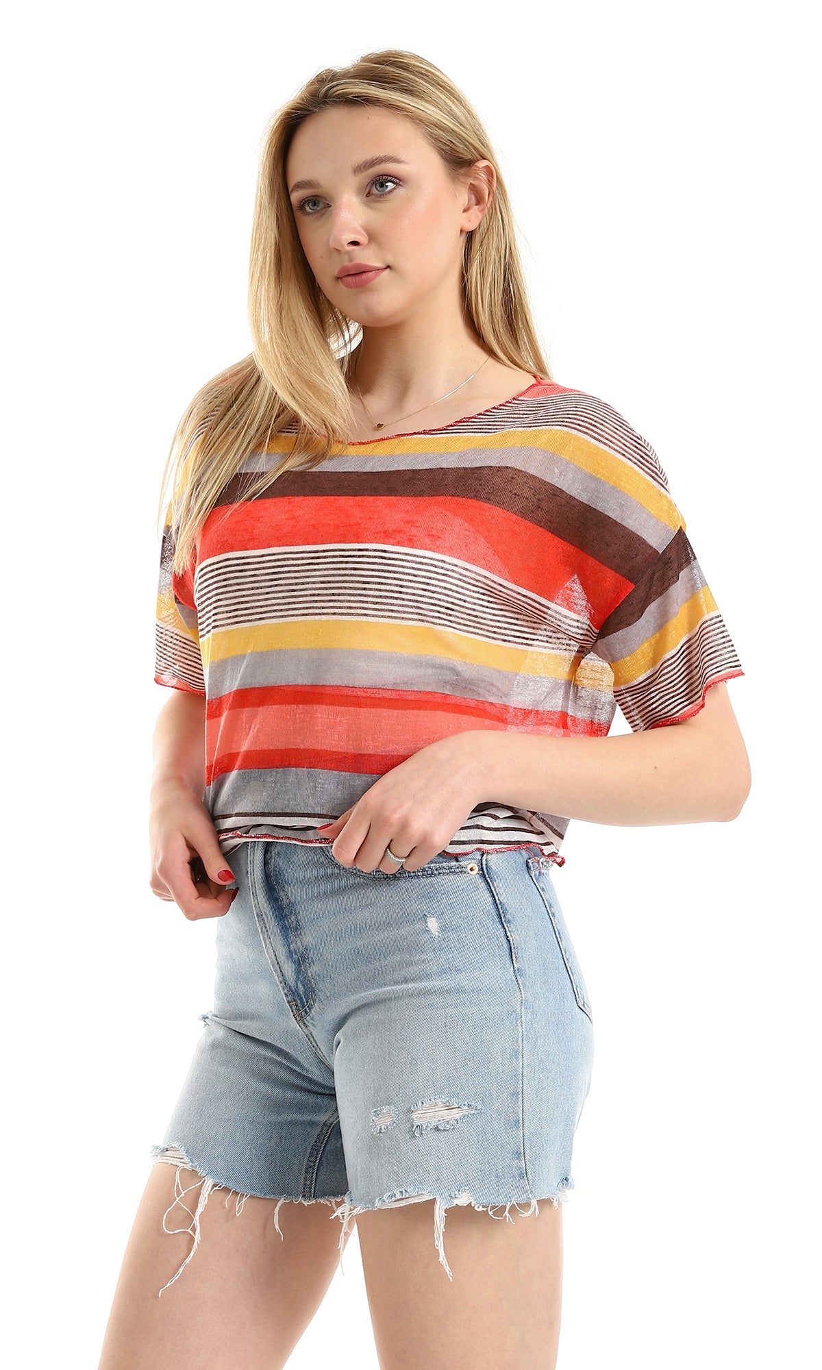 O166328 Multi-Striped Summer Top - Brown, Watermelon & Mustard