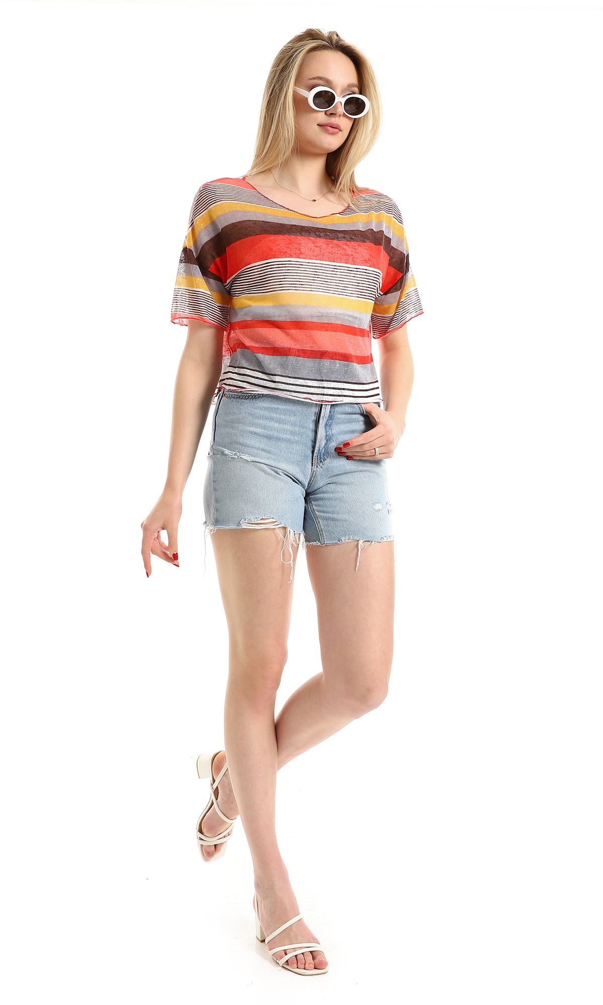 O166328 Multi-Striped Summer Top - Brown, Watermelon & Mustard