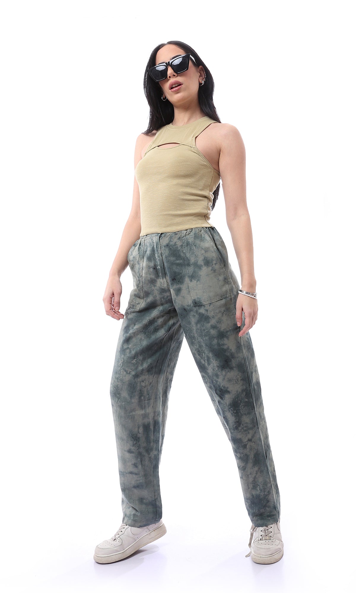 O166358 Open Chest Sleeveless Feminine Top - Pale Olive