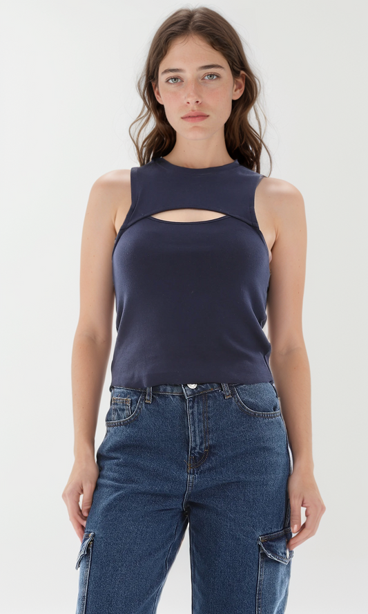 O166366 Navy Blue Ribbed Sleeveless Key Hole Top