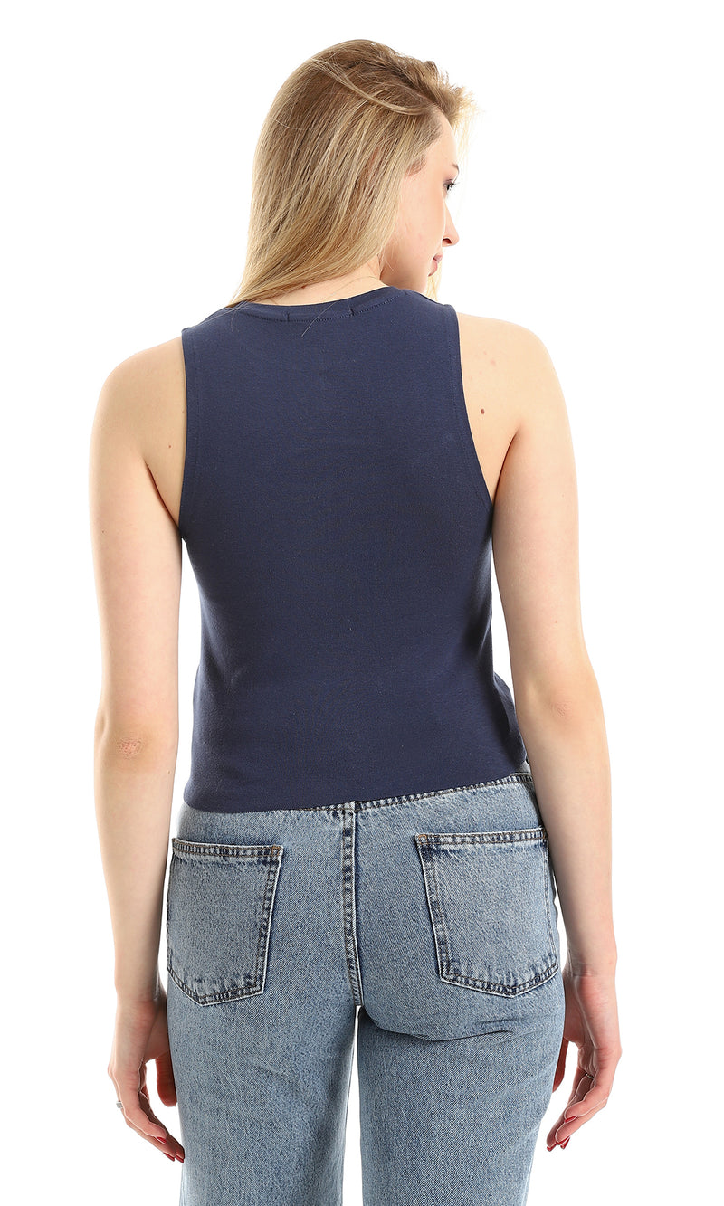 O166366 Navy Blue Ribbed Sleeveless Key Hole Top