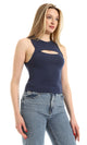O166366 Navy Blue Ribbed Sleeveless Key Hole Top
