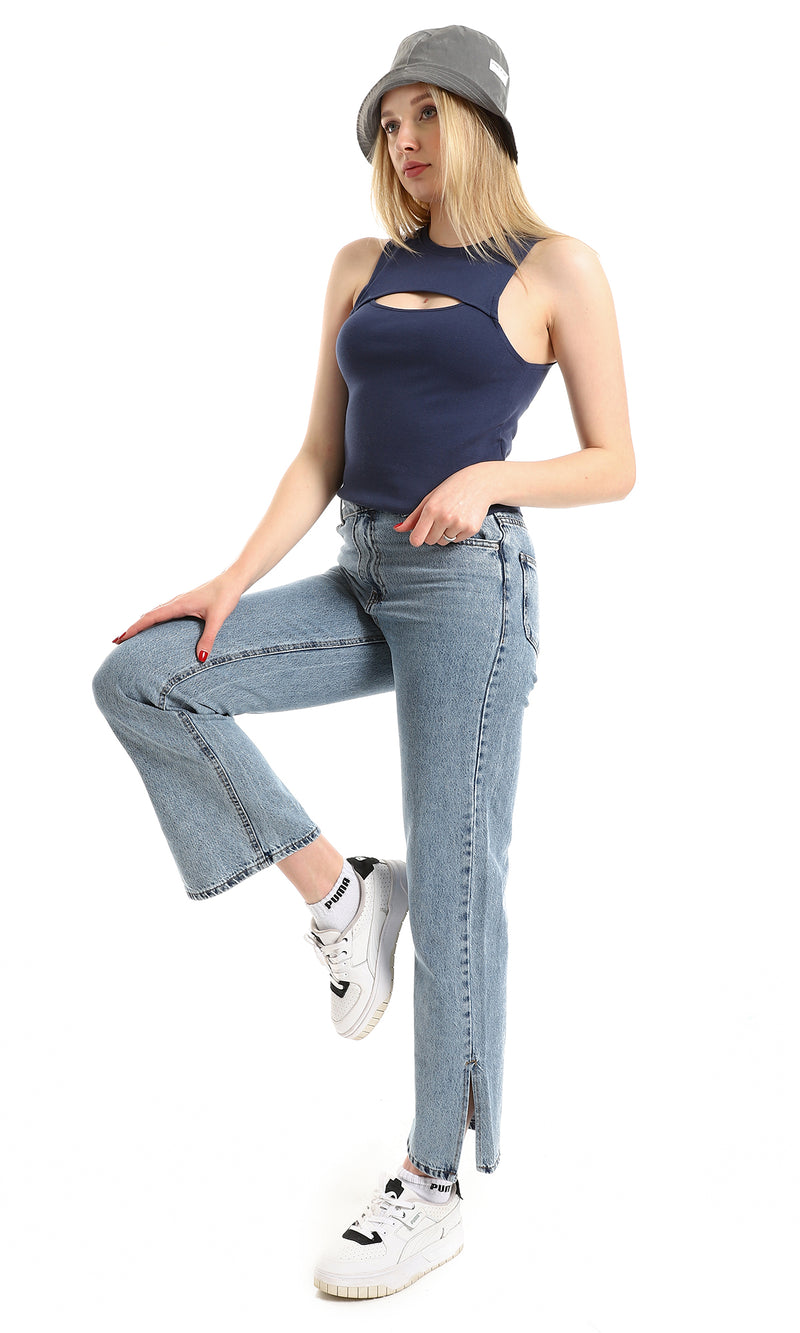 O166366 Navy Blue Ribbed Sleeveless Key Hole Top