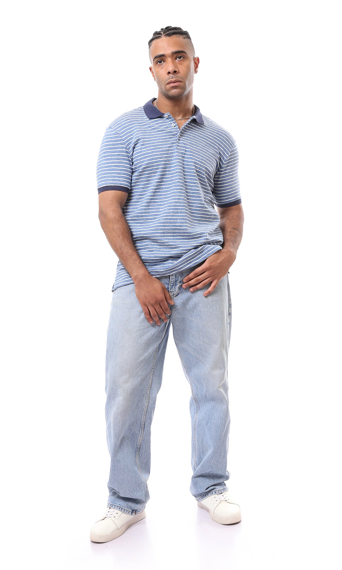 O166402 Bi-Tone Striped Light Blue & White Polo Shirt