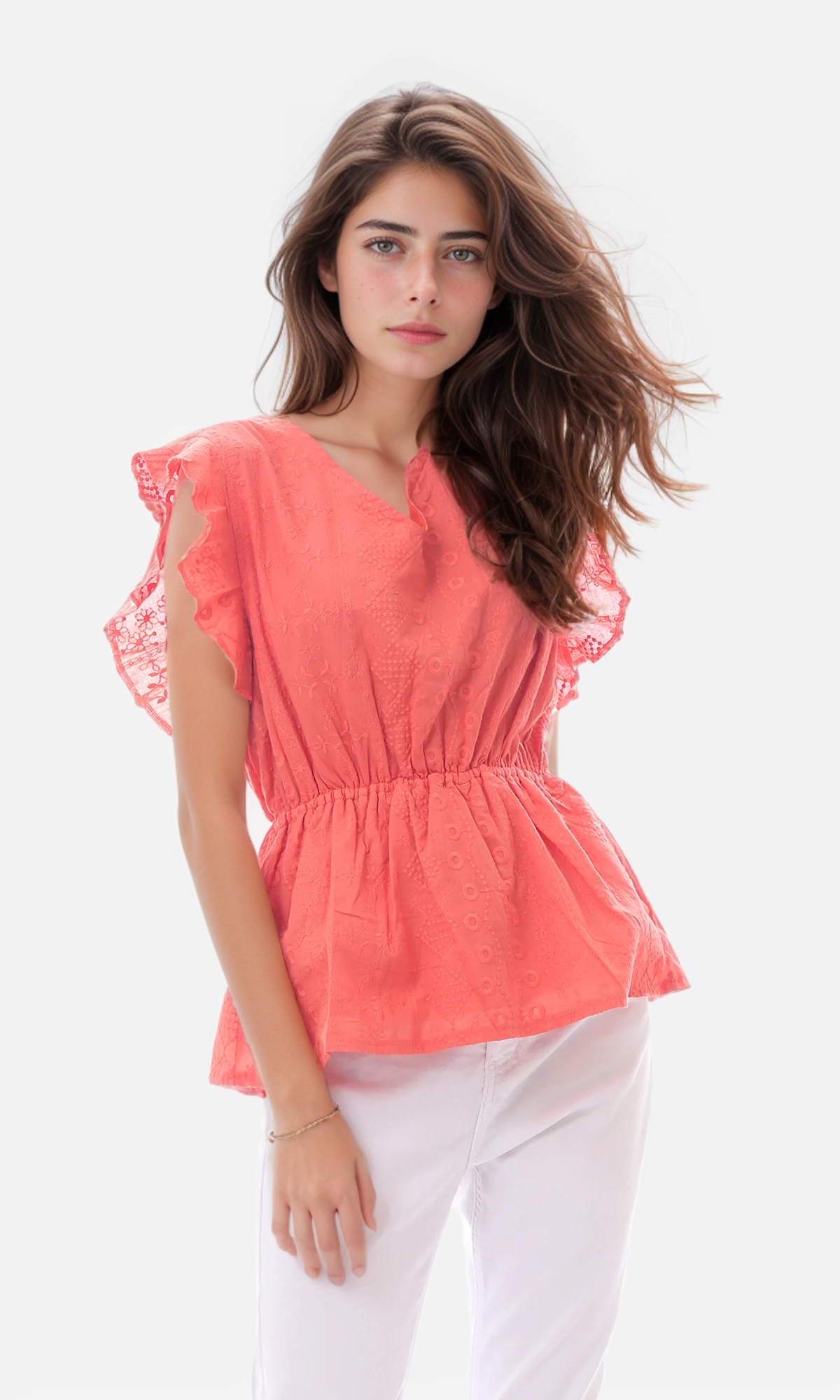 O166509 Cheerful Coral Orange Stitched Pattern V-Neck Blouse