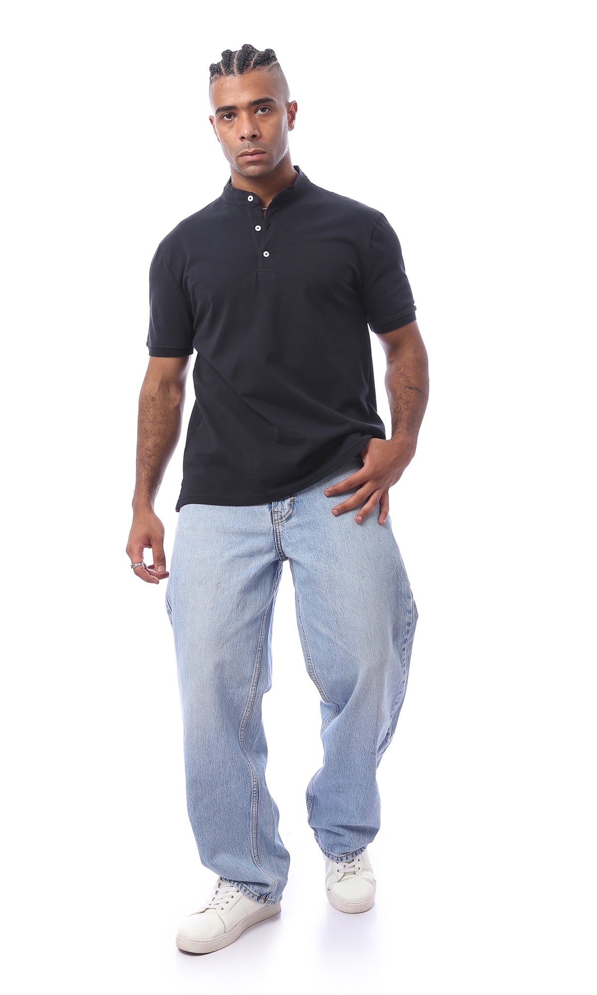 O167053 Solid Black Comfy Casual Polo Shirt