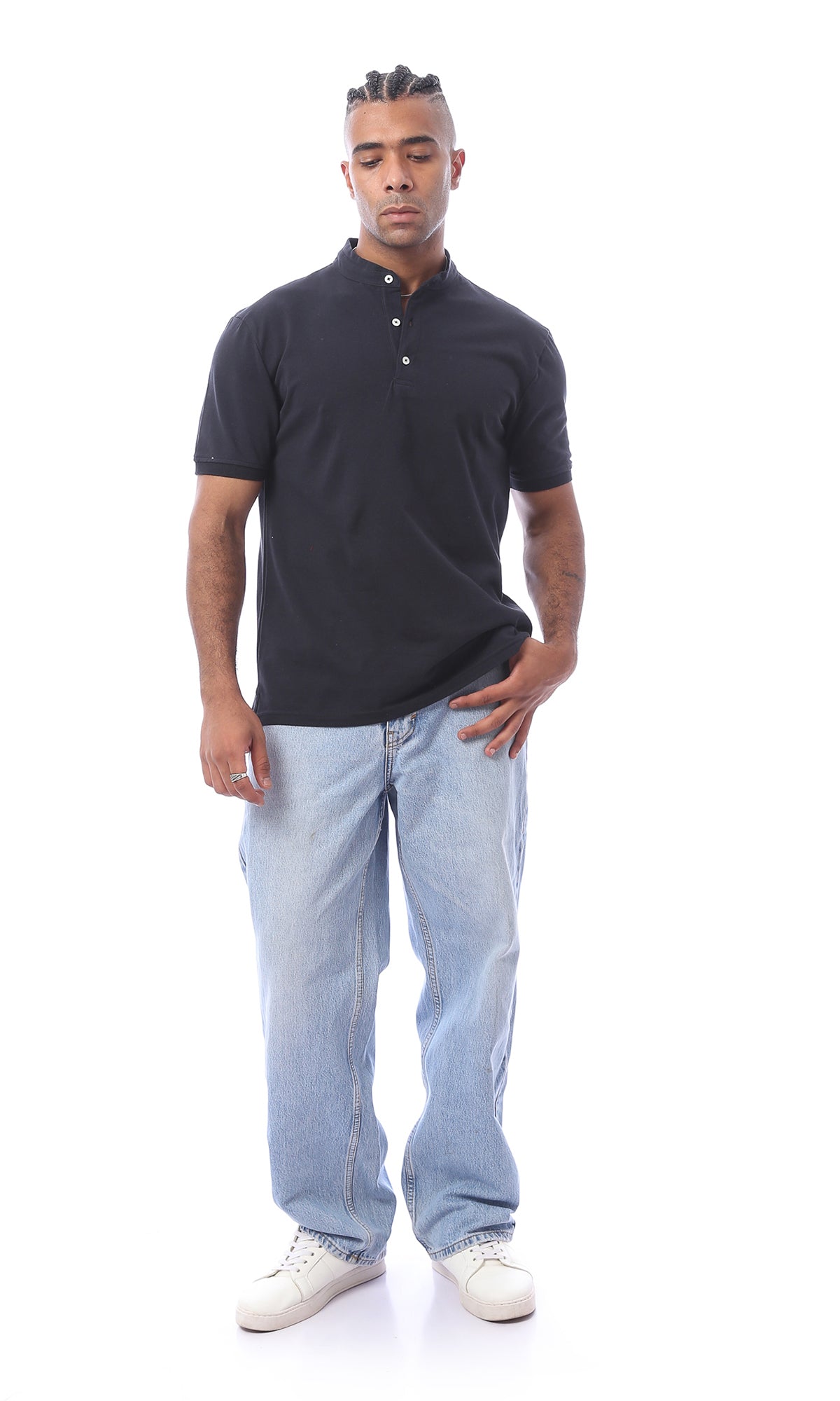 O167053 Solid Black Comfy Casual Polo Shirt