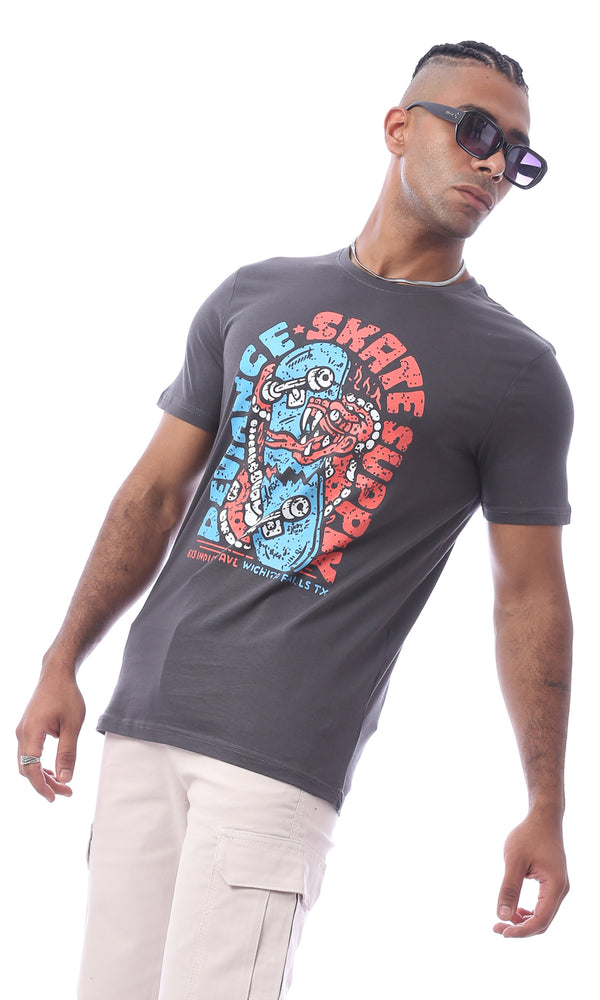 تيشيرت صيفي مطبوع رمادي غامق مريح سهل الارتداء