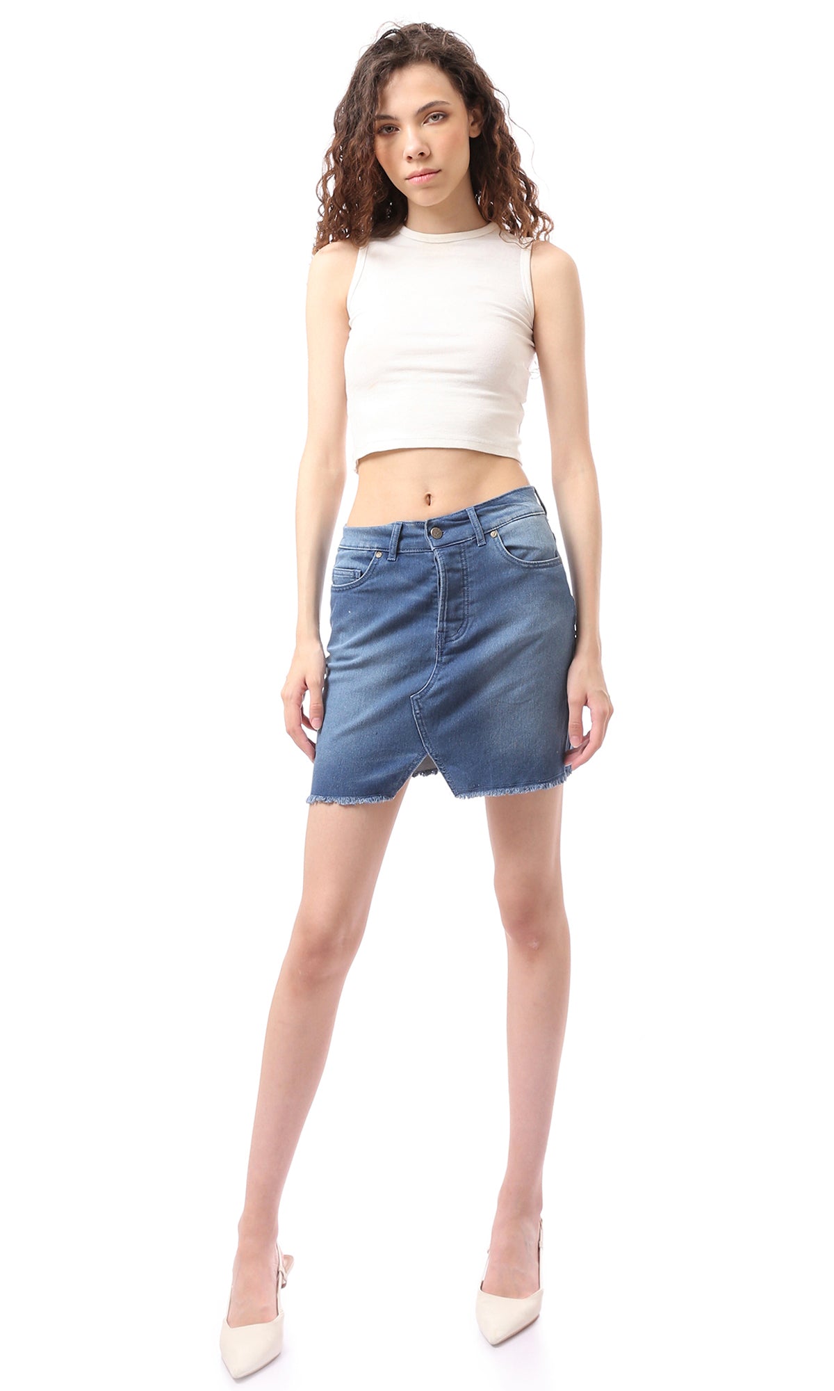 Frayed Hem Asymmetric Denim Mini Skirt - 0167318