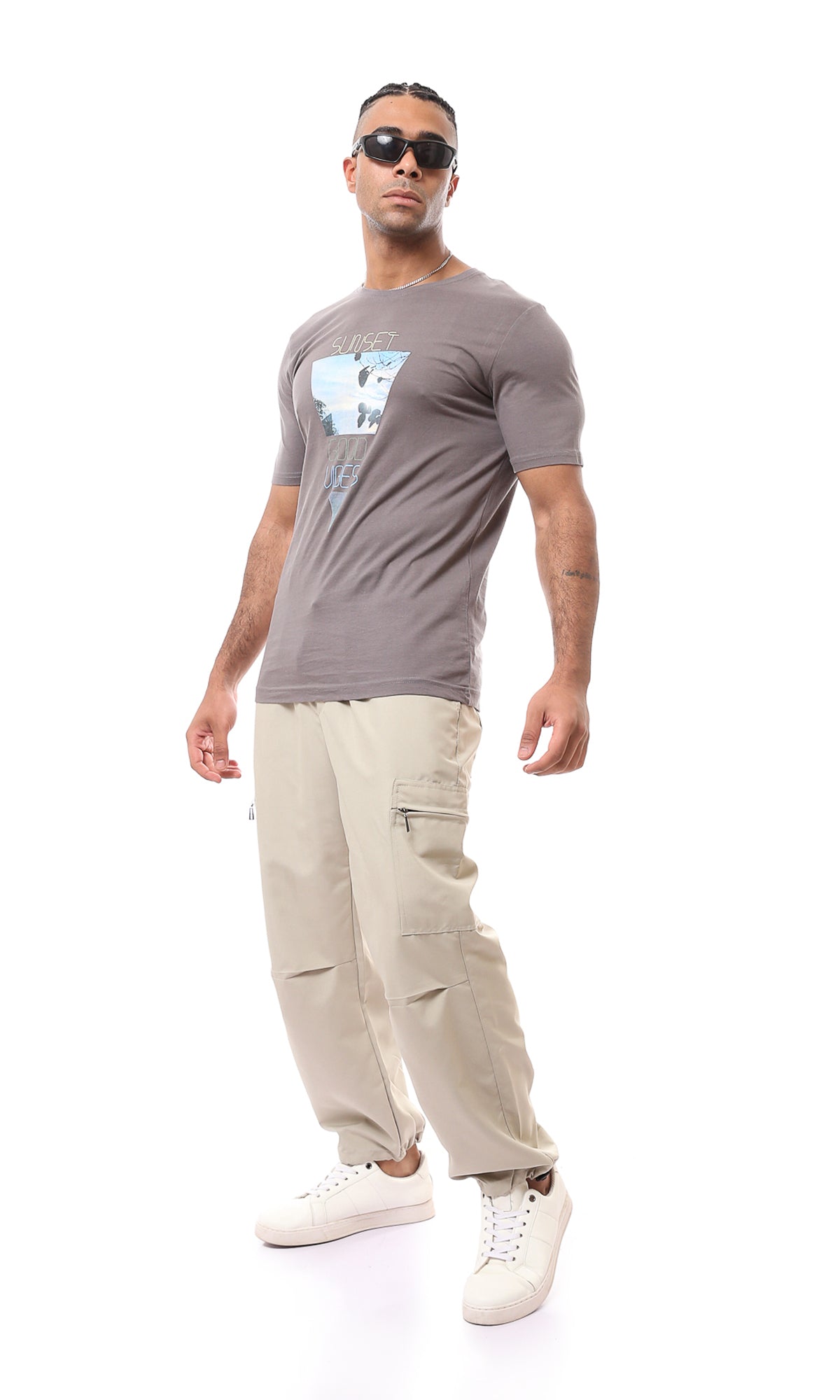 O167936 Slip On Casual Beige Pants With Adjustable Hem
