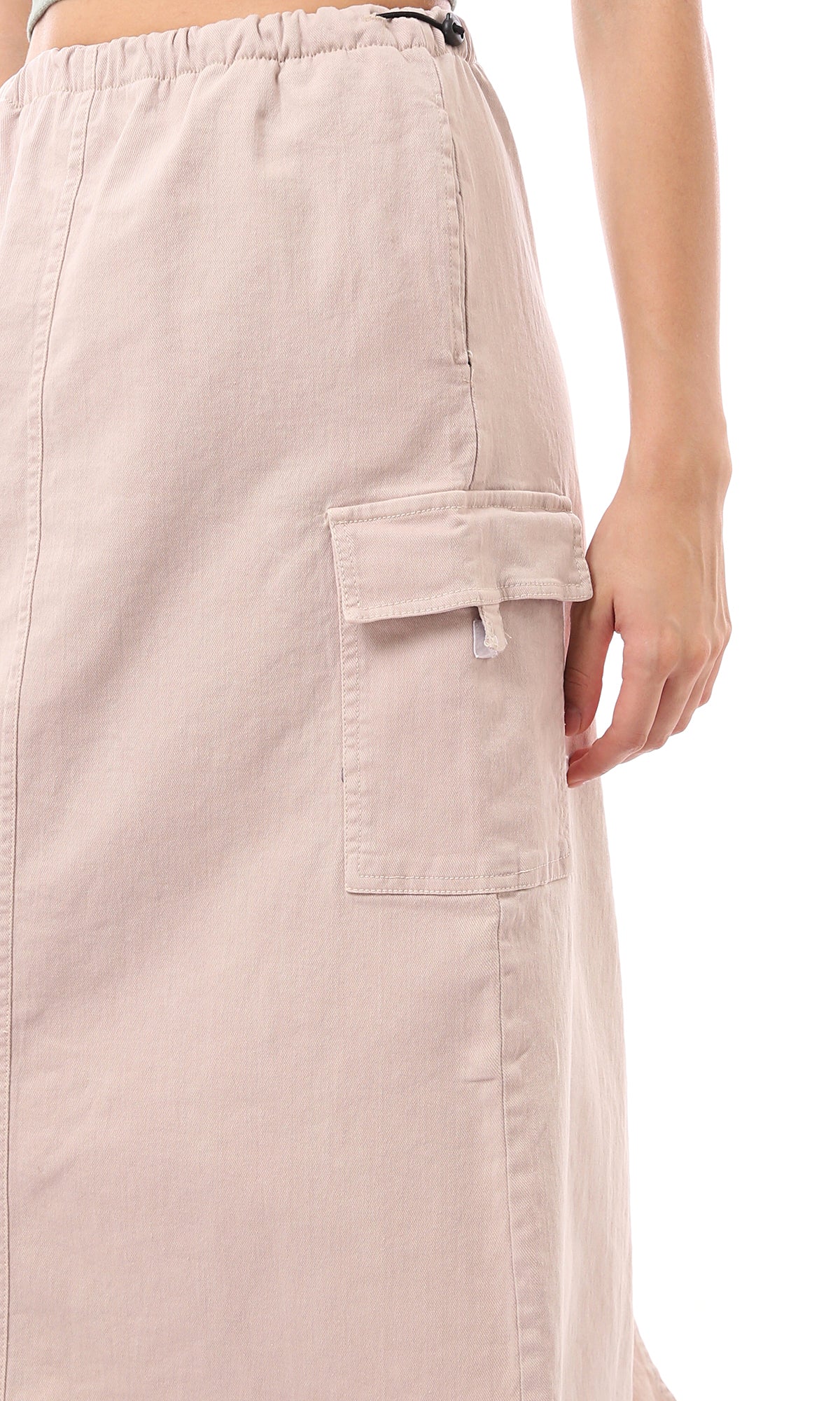 O168062 Adjustable Elastic Waist Beige Midi Skirt