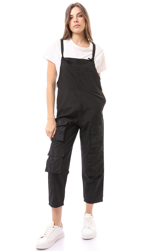 Solid Square Neck Utility Cargo Jumpsuit in Black - O168064