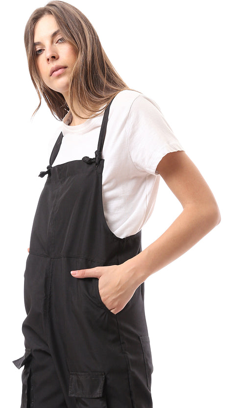 Solid Square Neck Utility Cargo Jumpsuit in Black - O168064