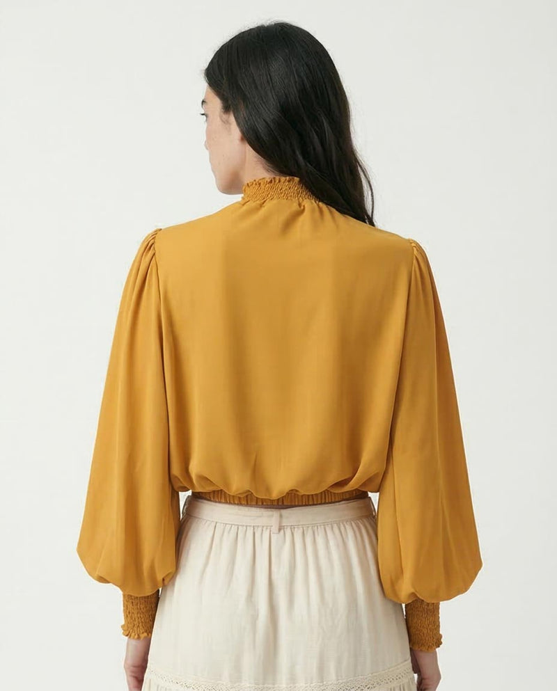 Ravin Mustard Smocked High-Neck Crop Blouse with Balloon Sleeves - O168191