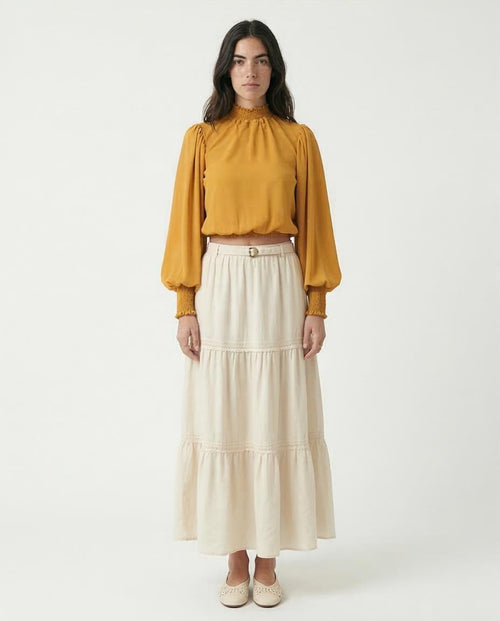 Ravin Mustard Smocked High-Neck Crop Blouse with Balloon Sleeves - O168191