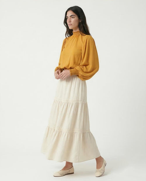 Ravin Mustard Smocked High-Neck Crop Blouse with Balloon Sleeves - O168191