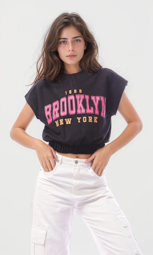 O168210 Black "Brooklyn" Printed Tee With Hem