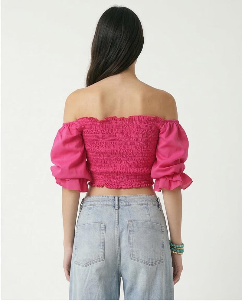 Ravin Off-The-Shoulder Smocked Crop Top - Fuchsia Pink - O168789
