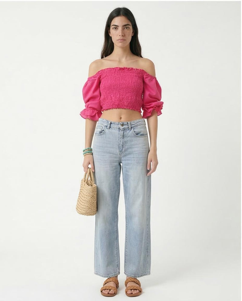 Ravin Off-The-Shoulder Smocked Crop Top - Fuchsia Pink - O168789