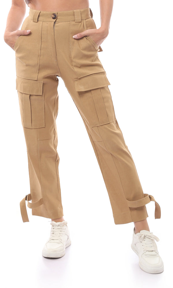 O168794 Camel Brown Buttoned Casual Trousers