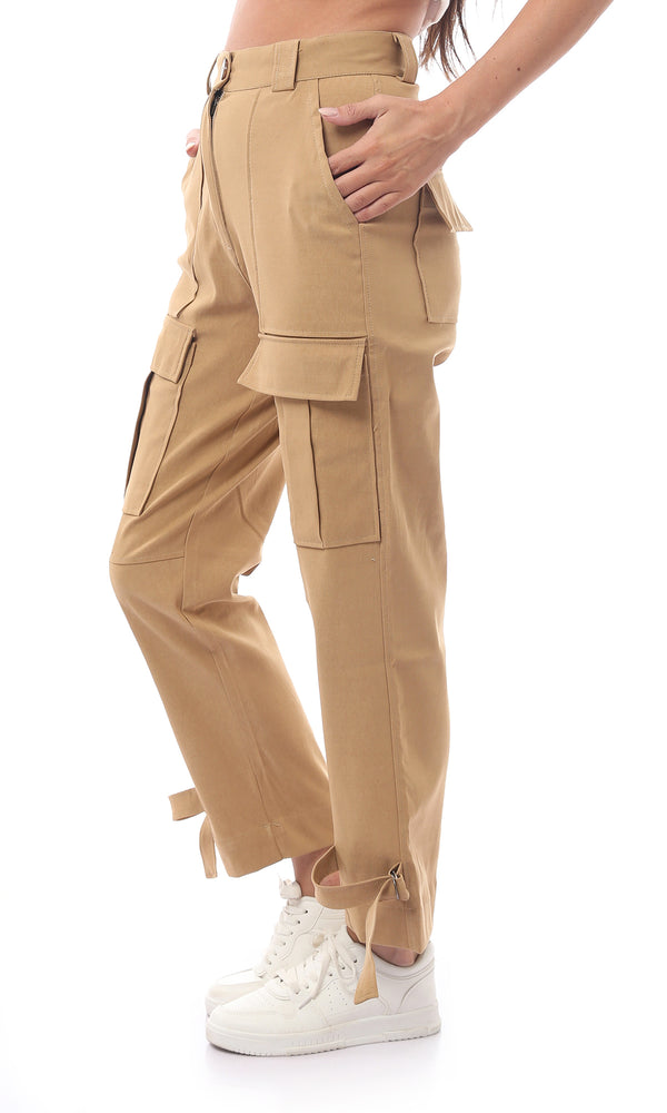 O168794 Camel Brown Buttoned Casual Trousers