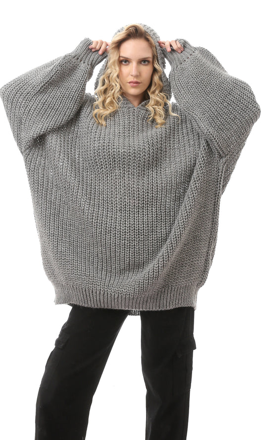O168904 Oversized Grey Knitted Slip On Pullover