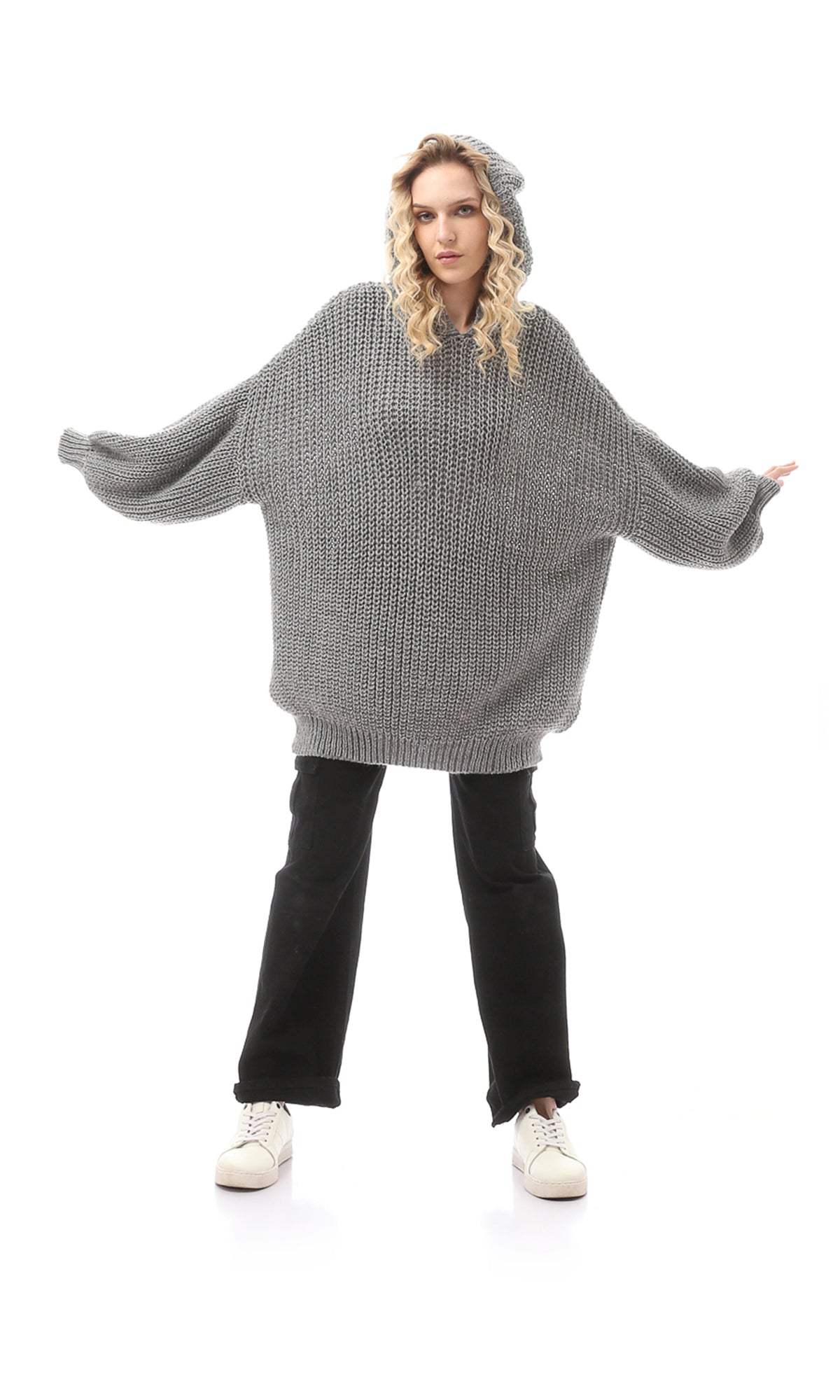 O168904 Oversized Grey Knitted Slip On Pullover