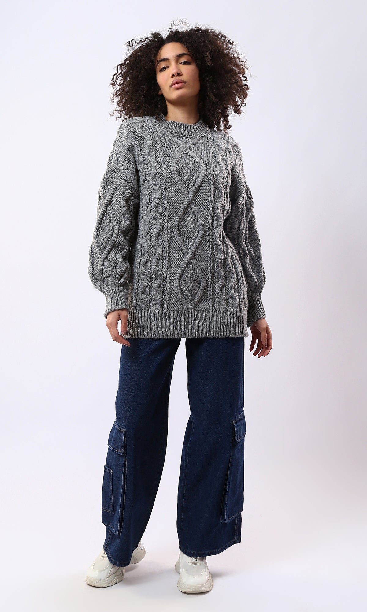 O168919 Long Sleeves Knitted Grey Pullover With Mock Neck