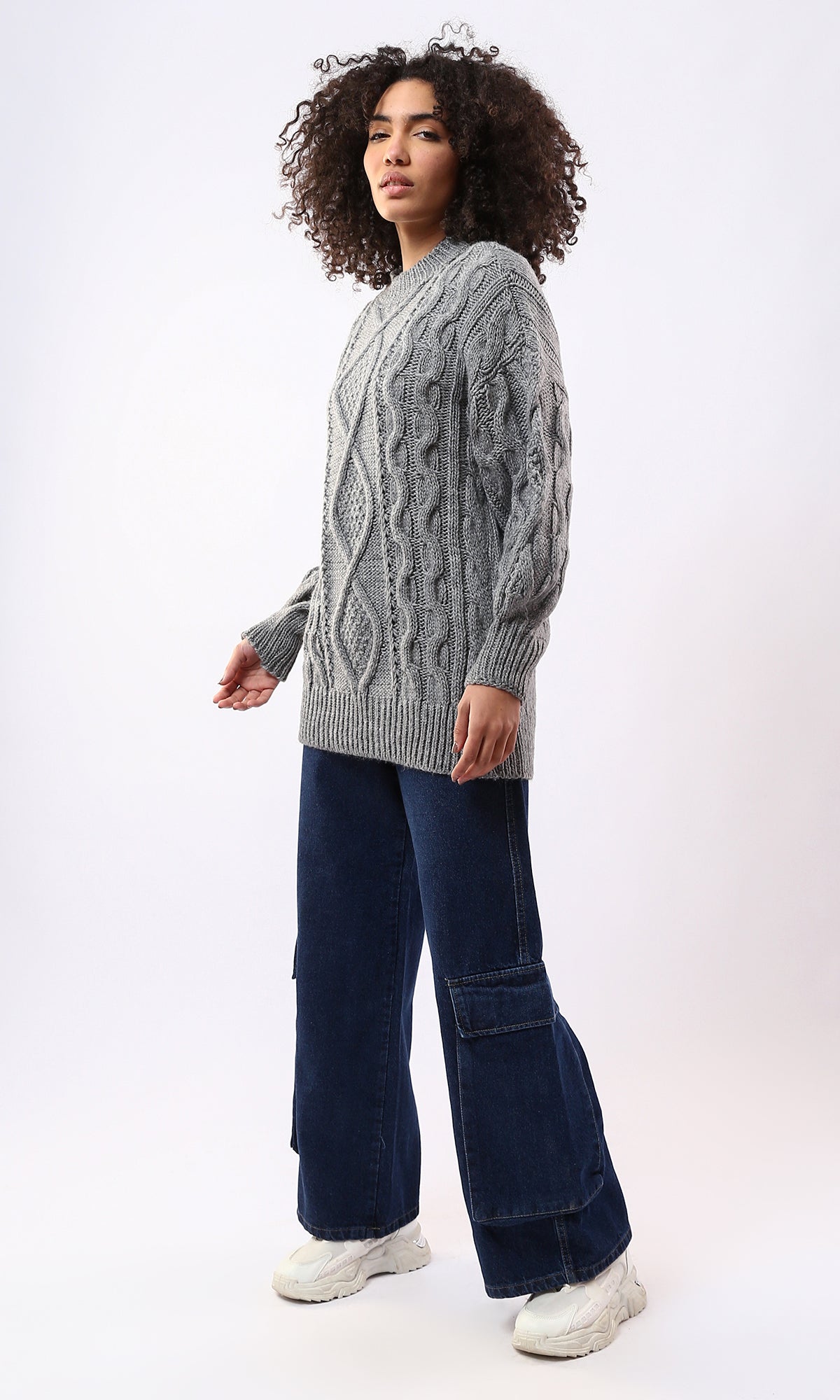 O168919 Long Sleeves Knitted Grey Pullover With Mock Neck