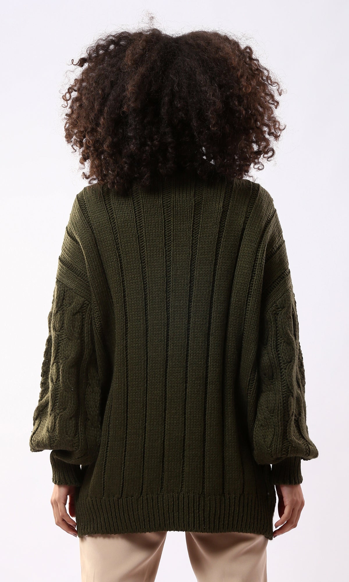 O168920 Mock Neck Knitted Dark Olive Long Pullover
