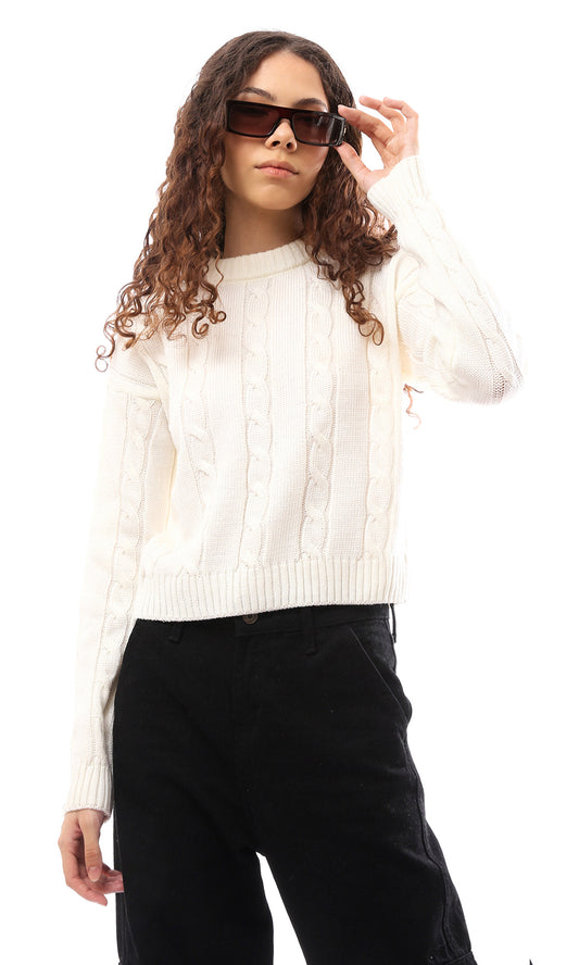 O169345 Round Neck Knitted Off-White Plain Pullover