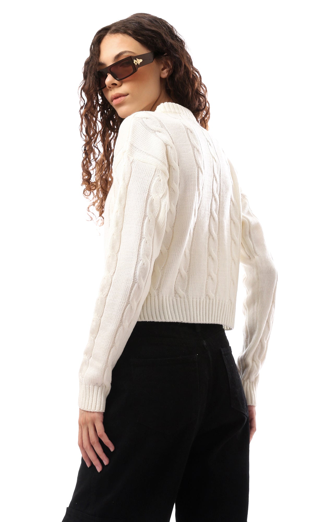 O169345 Round Neck Knitted Off-White Plain Pullover